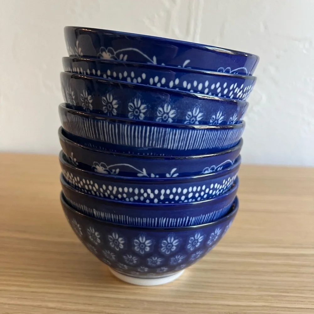 IKEA ENTUSIASM Patterned Blue Bowls, Set of 8, 4 ½” Diameter asian